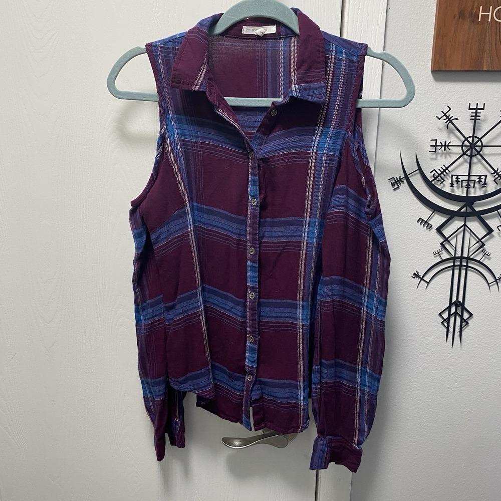 Women's Maurice's Soft Cold Shoulder Flannel Button Up Small Blue Plum